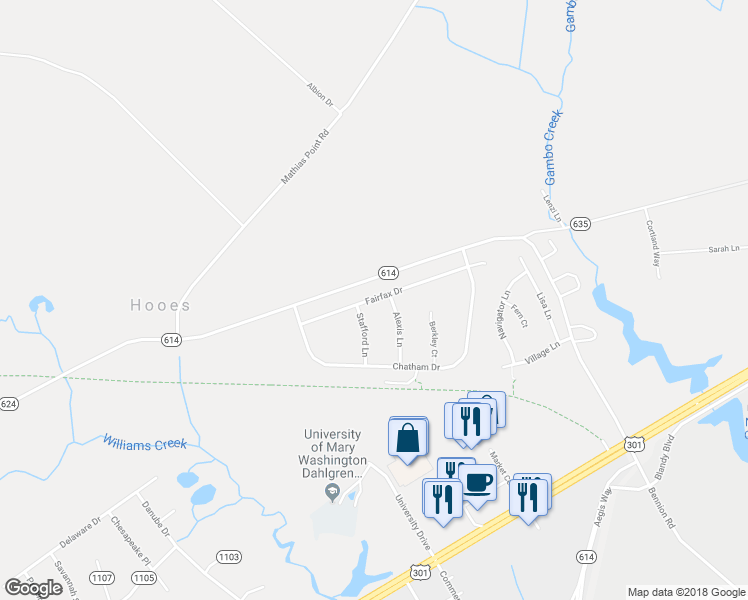 map of restaurants, bars, coffee shops, grocery stores, and more near 16780 Fairfax Drive in King George