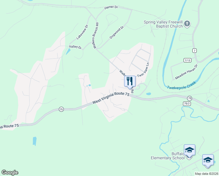map of restaurants, bars, coffee shops, grocery stores, and more near 2612 West Virginia 75 in Kenova
