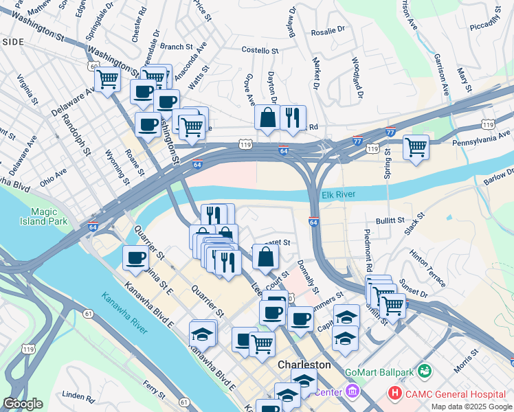 map of restaurants, bars, coffee shops, grocery stores, and more near 600 Clendenin Street in Charleston