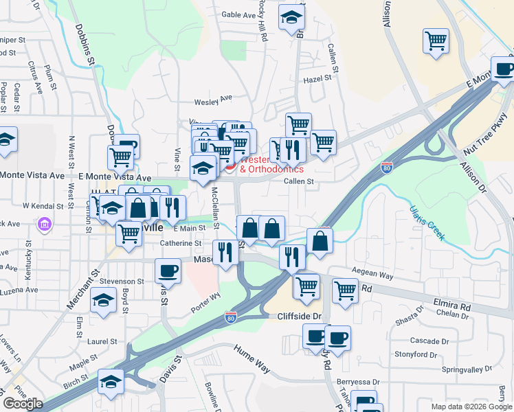 map of restaurants, bars, coffee shops, grocery stores, and more near 940 Callen Street in Vacaville