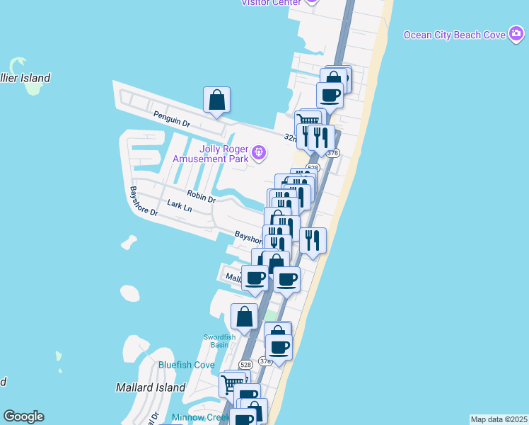 map of restaurants, bars, coffee shops, grocery stores, and more near 300 Robin Drive in Ocean City