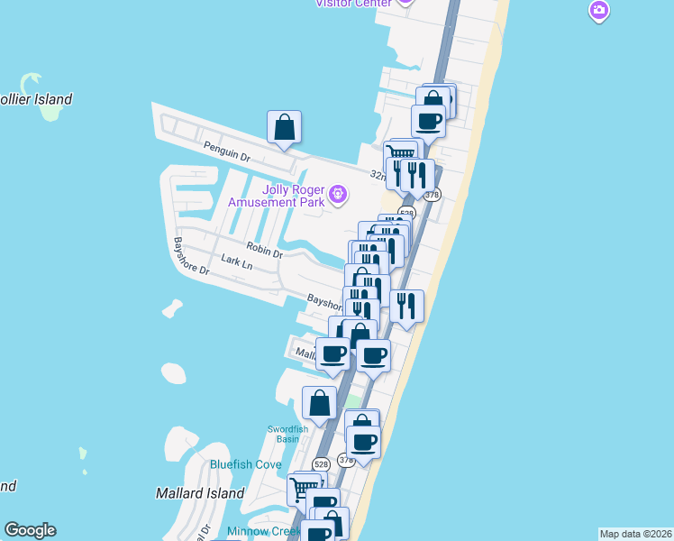 map of restaurants, bars, coffee shops, grocery stores, and more near 300 Robin Drive in Ocean City