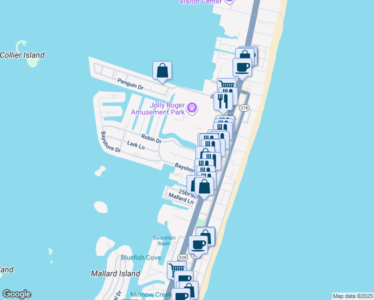 map of restaurants, bars, coffee shops, grocery stores, and more near 321 Robin Drive in Ocean City