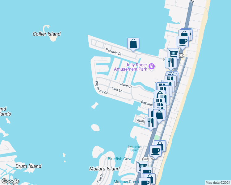 map of restaurants, bars, coffee shops, grocery stores, and more near 423 Lark Lane in Ocean City