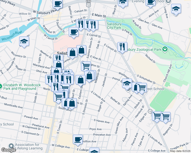 map of restaurants, bars, coffee shops, grocery stores, and more near 700 Madison Street in Salisbury