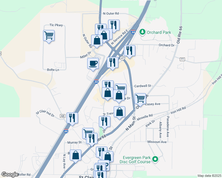 map of restaurants, bars, coffee shops, grocery stores, and more near Saint Clair Plaza Court North in Saint Clair