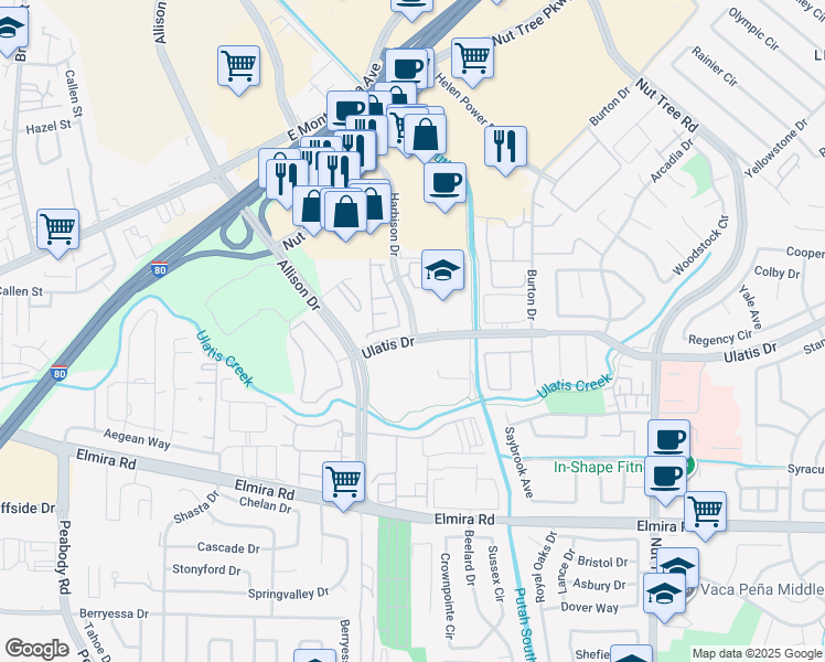 map of restaurants, bars, coffee shops, grocery stores, and more near 1011 Ulatis Drive in Vacaville