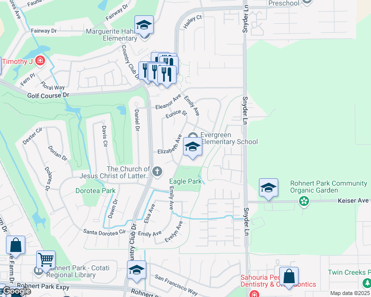 map of restaurants, bars, coffee shops, grocery stores, and more near 1125 Emily Avenue in Rohnert Park