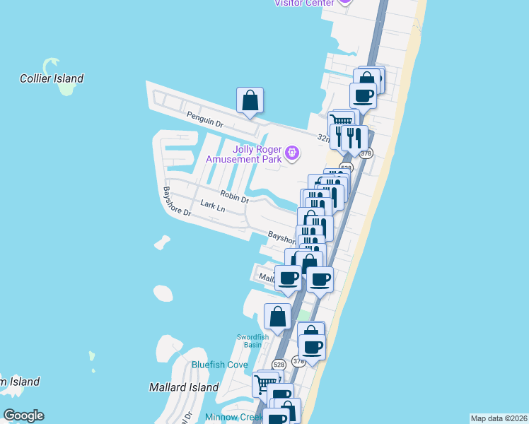 map of restaurants, bars, coffee shops, grocery stores, and more near 321 Robin Drive in Ocean City
