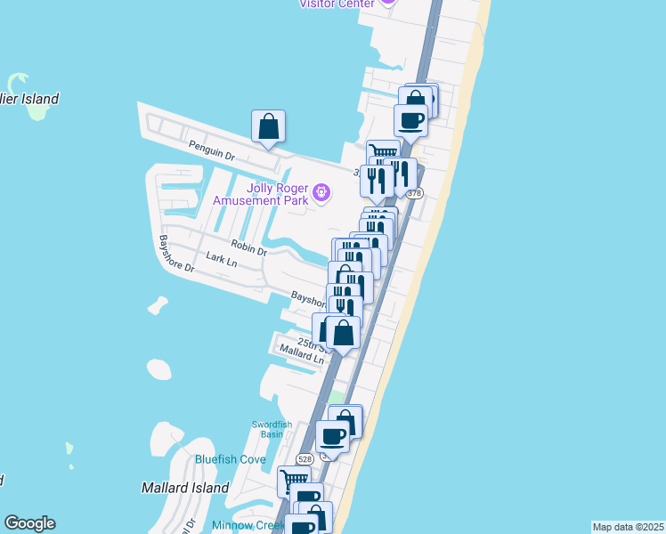 map of restaurants, bars, coffee shops, grocery stores, and more near 300 Robin Drive in Ocean City