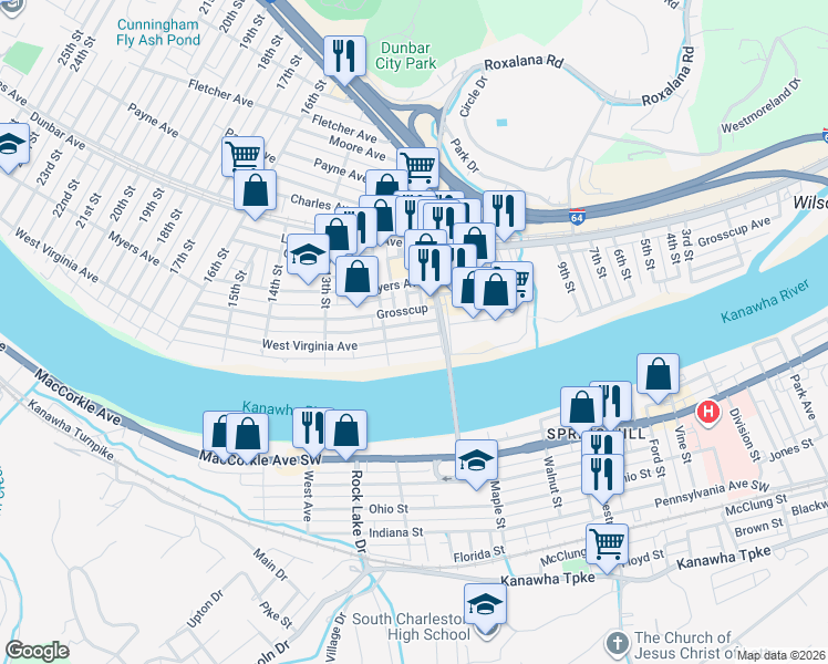 map of restaurants, bars, coffee shops, grocery stores, and more near 121 10th Street in Dunbar