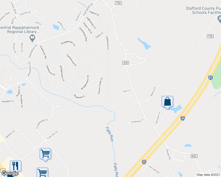 map of restaurants, bars, coffee shops, grocery stores, and more near 223 Smithfield Way in Fredericksburg