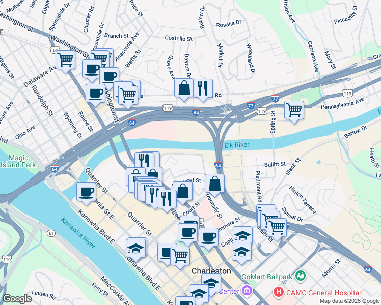 map of restaurants, bars, coffee shops, grocery stores, and more near 643 Elk Drive in Charleston