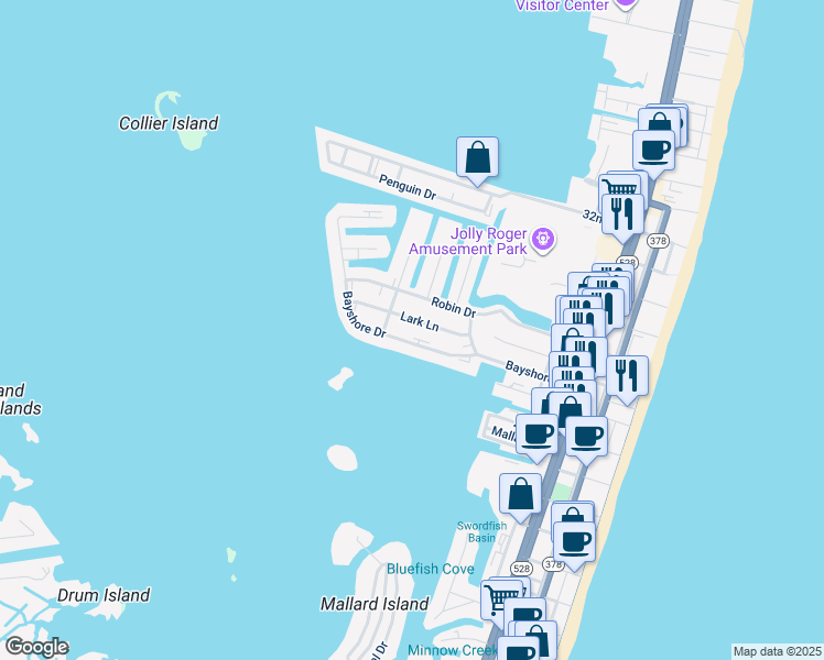map of restaurants, bars, coffee shops, grocery stores, and more near 416 Bayshore Drive in Ocean City