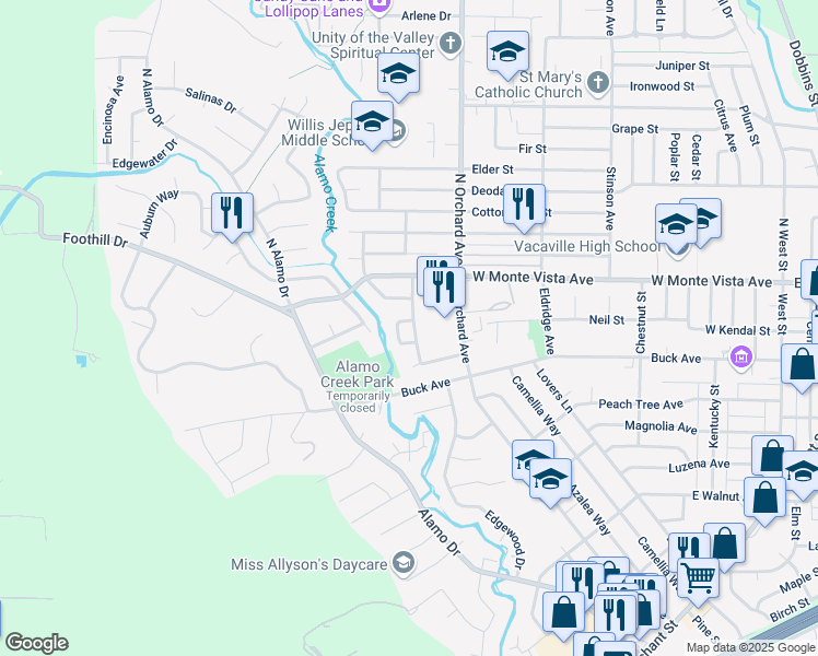 map of restaurants, bars, coffee shops, grocery stores, and more near 160 Ravenswood Court in Vacaville