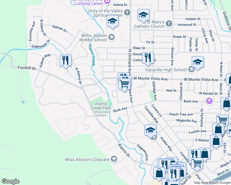 map of restaurants, bars, coffee shops, grocery stores, and more near 160 Ravenswood Court in Vacaville