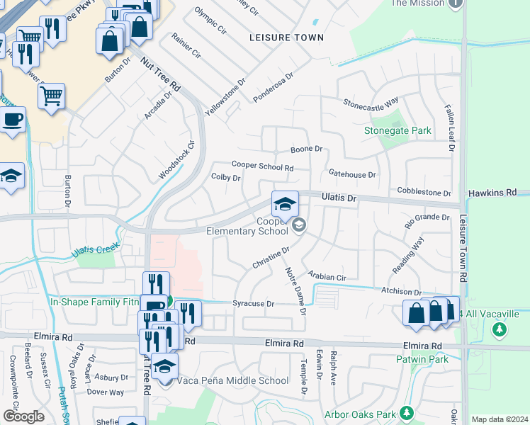 map of restaurants, bars, coffee shops, grocery stores, and more near 467 Stanford Street in Vacaville