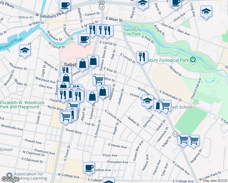 map of restaurants, bars, coffee shops, grocery stores, and more near 700 Madison Street in Salisbury
