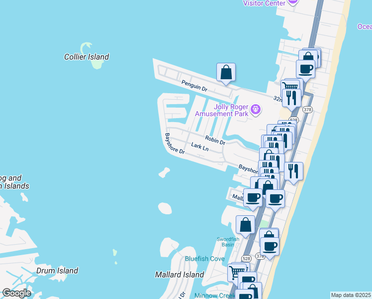 map of restaurants, bars, coffee shops, grocery stores, and more near 2626 Gull Way in Ocean City
