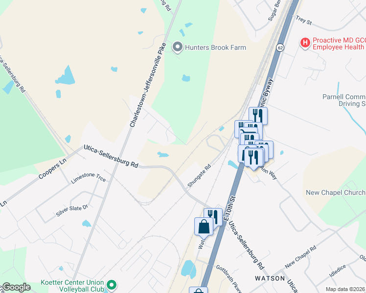 map of restaurants, bars, coffee shops, grocery stores, and more near 5411 Shungate Road in Jeffersonville