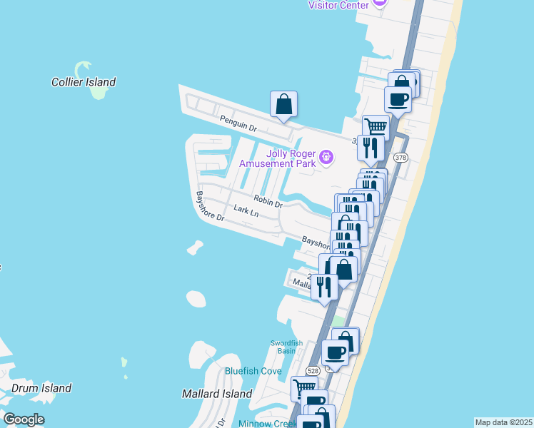 map of restaurants, bars, coffee shops, grocery stores, and more near 424 Lark Lane in Ocean City