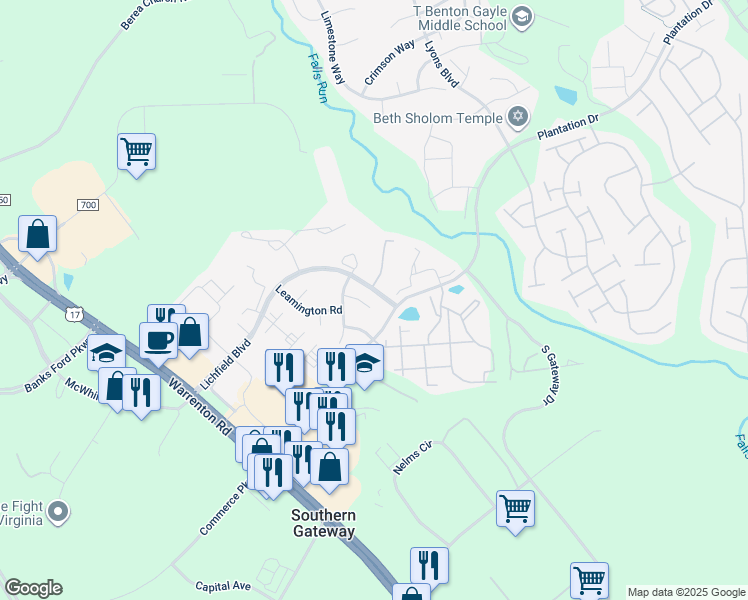 map of restaurants, bars, coffee shops, grocery stores, and more near 9 Salford Court in Fredericksburg