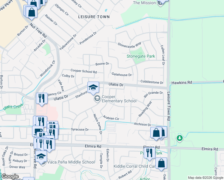 map of restaurants, bars, coffee shops, grocery stores, and more near 555 Morningstar Way in Vacaville