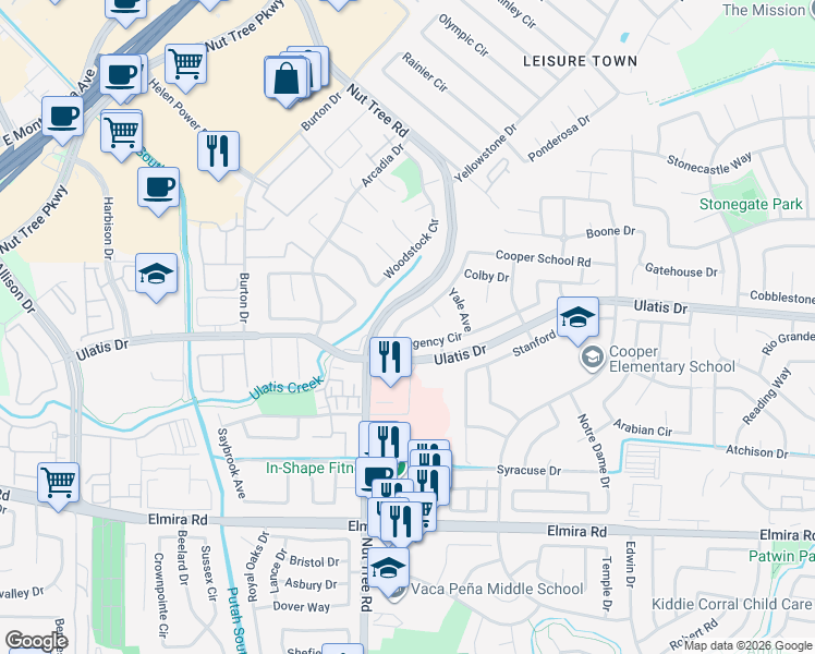map of restaurants, bars, coffee shops, grocery stores, and more near 419 Regency Circle in Vacaville