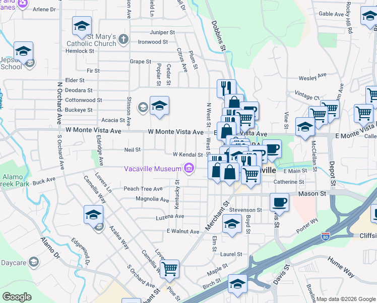 map of restaurants, bars, coffee shops, grocery stores, and more near 170 Chandler Street in Vacaville