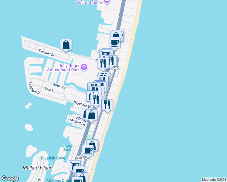 map of restaurants, bars, coffee shops, grocery stores, and more near 2901 Baltimore Avenue in Ocean City