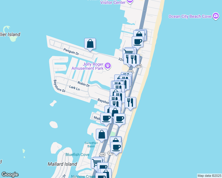 map of restaurants, bars, coffee shops, grocery stores, and more near 300 Robin Drive in Ocean City