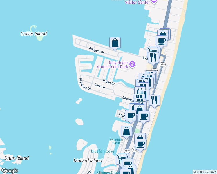 map of restaurants, bars, coffee shops, grocery stores, and more near 410 Lark Lane in Ocean City
