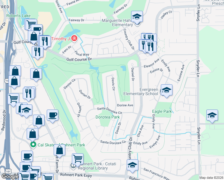 map of restaurants, bars, coffee shops, grocery stores, and more near 5738 Davis Circle in Rohnert Park