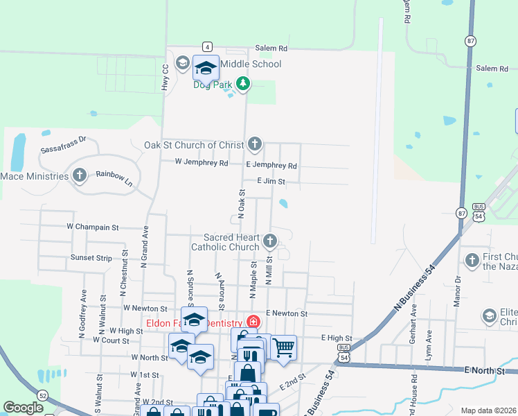 map of restaurants, bars, coffee shops, grocery stores, and more near 600-698 North Maple Street in Eldon