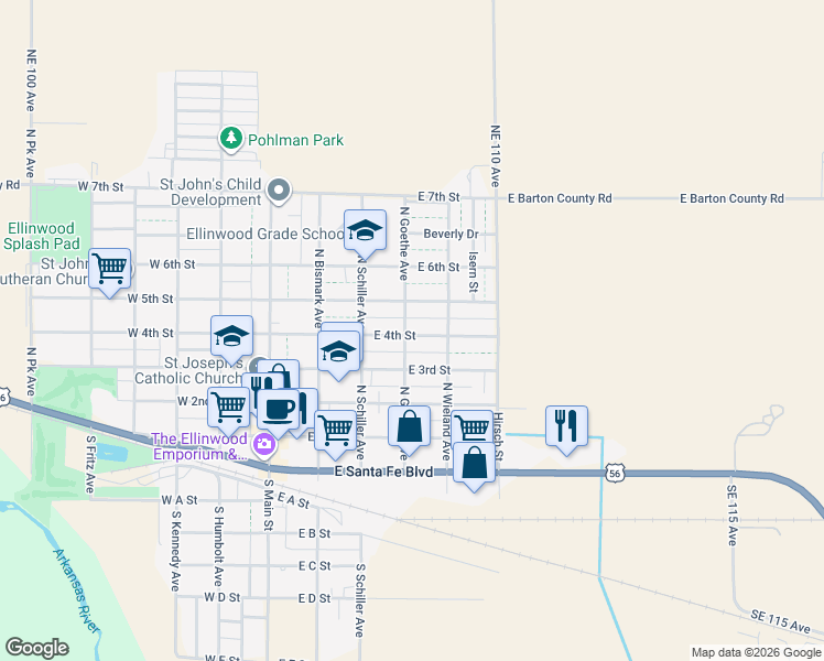 map of restaurants, bars, coffee shops, grocery stores, and more near 400 East 4th Street in Ellinwood
