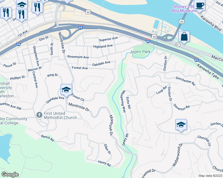 map of restaurants, bars, coffee shops, grocery stores, and more near 655 Forest Circle in South Charleston