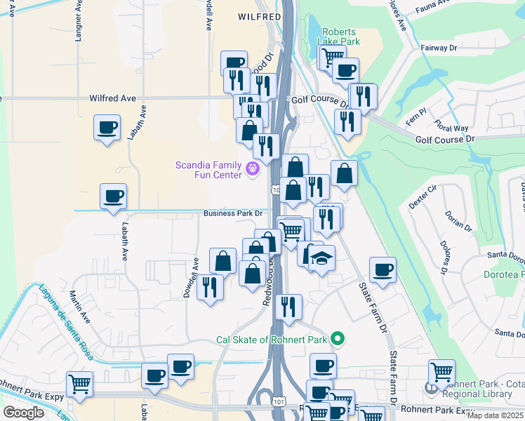 map of restaurants, bars, coffee shops, grocery stores, and more near South Santa Rosa Avenue in Santa Rosa