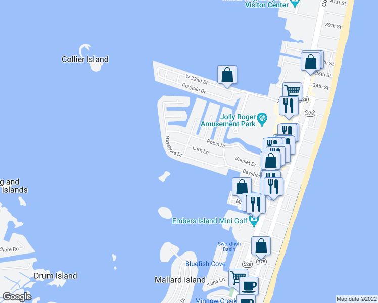 map of restaurants, bars, coffee shops, grocery stores, and more near 423 Lark Lane in Ocean City