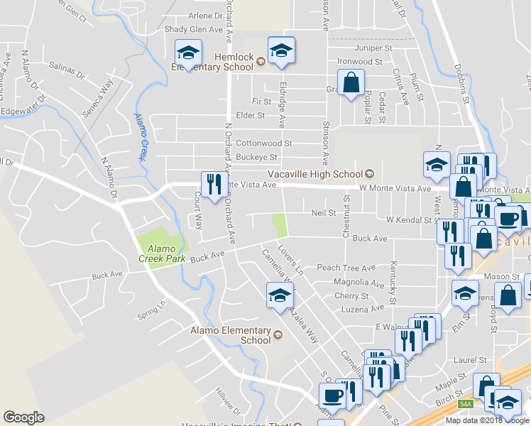 map of restaurants, bars, coffee shops, grocery stores, and more near 424 Morales Court in Vacaville