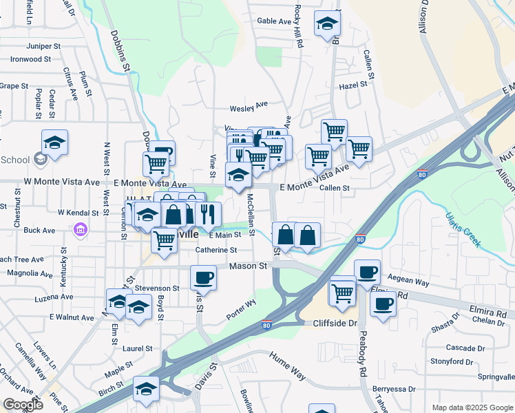 map of restaurants, bars, coffee shops, grocery stores, and more near 137 McClellan Street in Vacaville