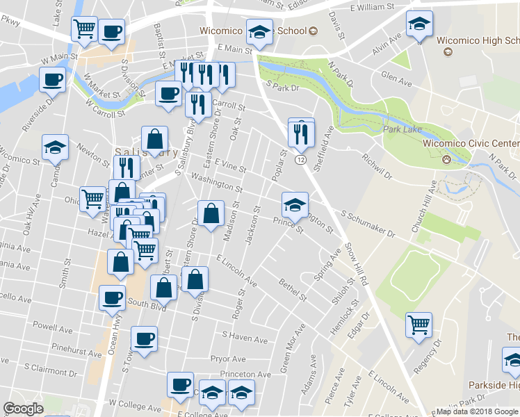 map of restaurants, bars, coffee shops, grocery stores, and more near 607 Jackson Street in Salisbury