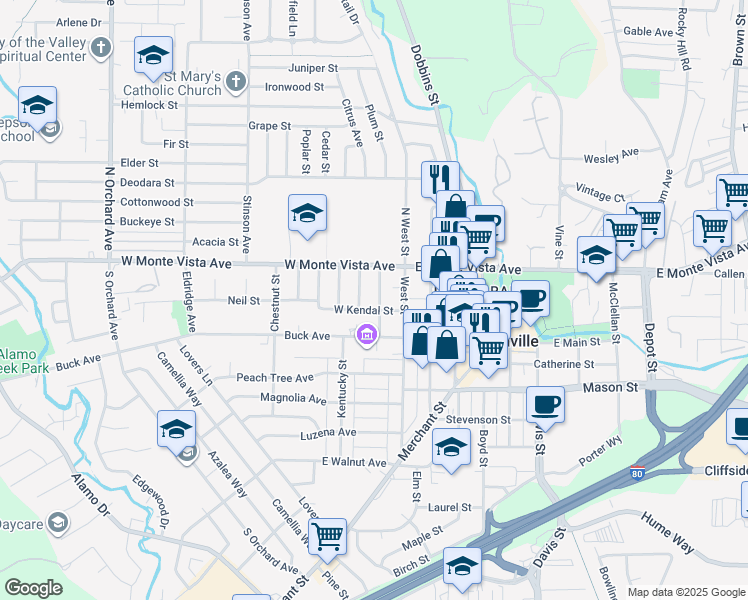 map of restaurants, bars, coffee shops, grocery stores, and more near 170 Chandler Street in Vacaville
