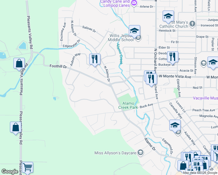 map of restaurants, bars, coffee shops, grocery stores, and more near 101 Foothill Drive in Vacaville