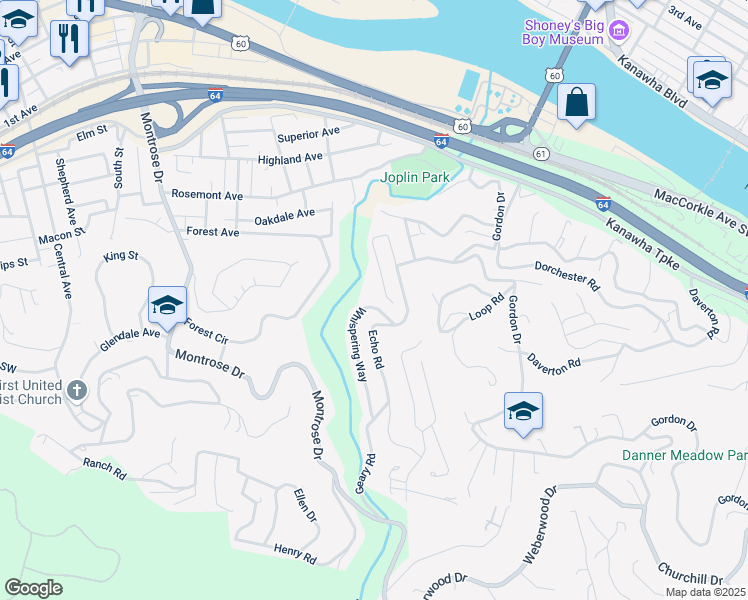 map of restaurants, bars, coffee shops, grocery stores, and more near 700-752 Echo Road in South Charleston