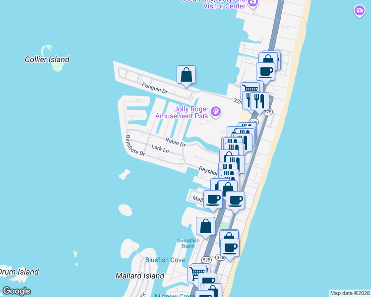 map of restaurants, bars, coffee shops, grocery stores, and more near 333 Robin Drive in Ocean City