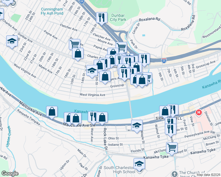 map of restaurants, bars, coffee shops, grocery stores, and more near 1201 Grosscup Avenue in Dunbar