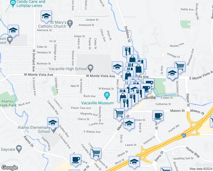 map of restaurants, bars, coffee shops, grocery stores, and more near 171 Virginia Street in Vacaville