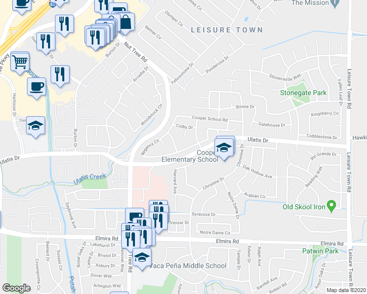map of restaurants, bars, coffee shops, grocery stores, and more near 243 Regency Circle in Vacaville