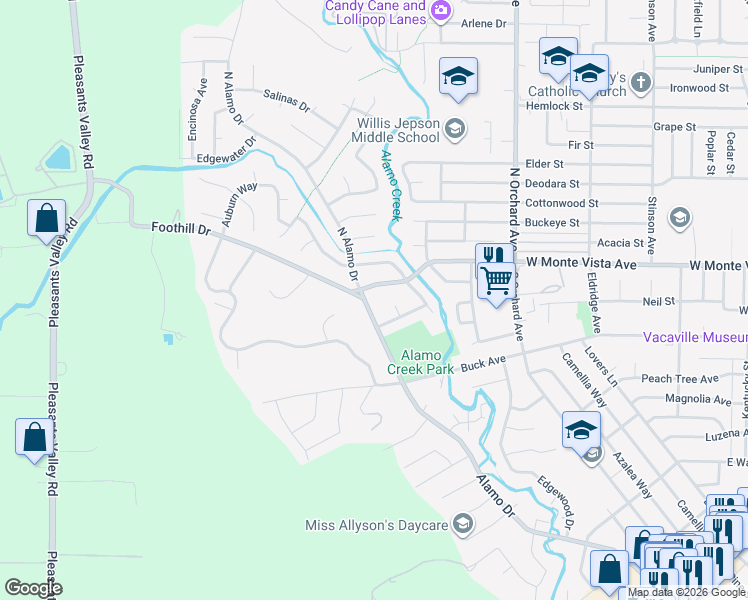 map of restaurants, bars, coffee shops, grocery stores, and more near 101 Foothill Drive in Vacaville