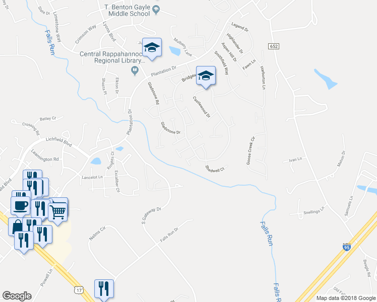 map of restaurants, bars, coffee shops, grocery stores, and more near 3 Hanover Drive in Fredericksburg